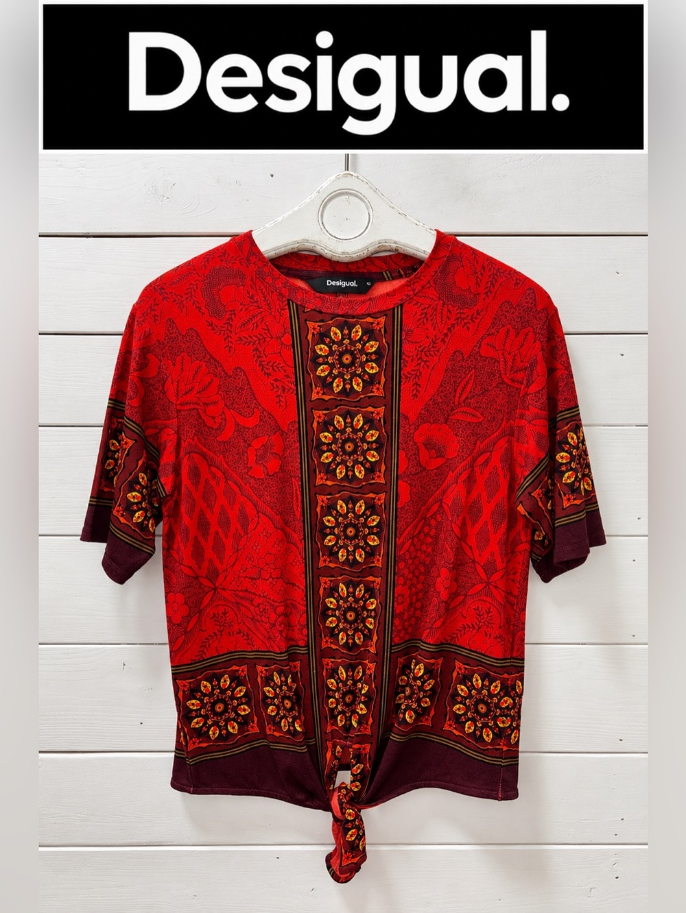 Desigual Printed Tie-Front Top – Red & Burgundy – Size S